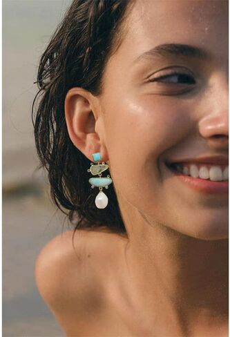 Yomisa Boho Dangle Earrings for Women Gold Silver,Statement Earrings Amethyst Jade Pearl Drop Dangle Earrings for Women Trendy Jewelry Gifts,Lightweight Western Handmade Natural Stones Drop Earrings in Kuwait