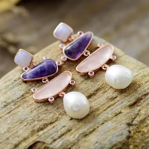 Yomisa Boho Dangle Earrings for Women Gold Silver,Statement Earrings Amethyst Jade Pearl Drop Dangle Earrings for Women Trendy Jewelry Gifts,Lightweight Western Handmade Natural Stones Drop Earrings in Kuwait