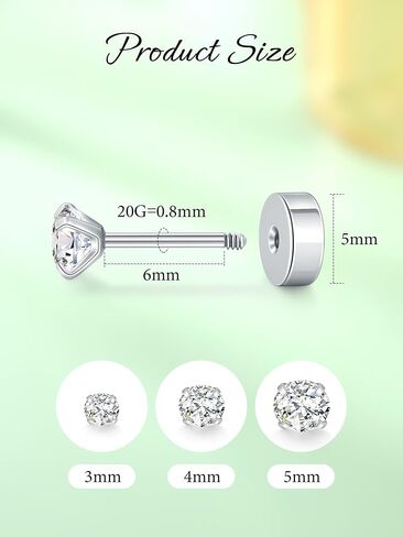 Oveta 3 Pairs 20G Flat Back Studs Earrings Surgical Steel for Cartilage Tragus Helix Piercing Jewelry, Screw Back Earrings for Women Men 6mm Bar Length, 3/4/5mm CZ, Silver/Gold in Saudi Arabia