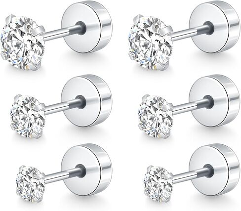 Oveta 3 Pairs 20G Flat Back Studs Earrings Surgical Steel for Cartilage Tragus Helix Piercing Jewelry, Screw Back Earrings for Women Men 6mm Bar Length, 3/4/5mm CZ, Silver/Gold in Saudi Arabia