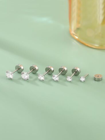Oveta 3 Pairs 20G Flat Back Studs Earrings Surgical Steel for Cartilage Tragus Helix Piercing Jewelry, Screw Back Earrings for Women Men 6mm Bar Length, 3/4/5mm CZ, Silver/Gold in Saudi Arabia