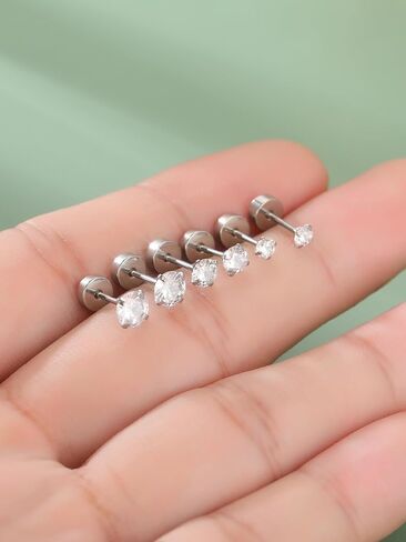 Oveta 3 Pairs 20G Flat Back Studs Earrings Surgical Steel for Cartilage Tragus Helix Piercing Jewelry, Screw Back Earrings for Women Men 6mm Bar Length, 3/4/5mm CZ, Silver/Gold in Saudi Arabia