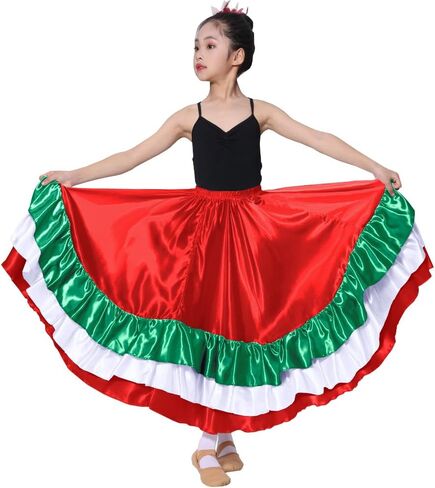 Girls Multicolor Ruffles Long Dance Skirt for Folklorico Mexican Flamenco Halloween Costume in Saudi Arabia