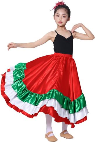 Girls Multicolor Ruffles Long Dance Skirt for Folklorico Mexican Flamenco Halloween Costume in Saudi Arabia