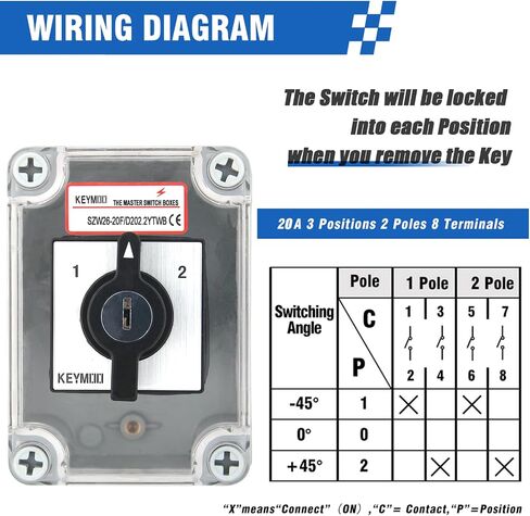 20A Rotary Changeover Switch with Exterior Box,3 Position 2 Phase 8 Terminals,ON-Off-ON Universal Selector Switch 20/D202.2D (1 Pack) in Saudi Arabia