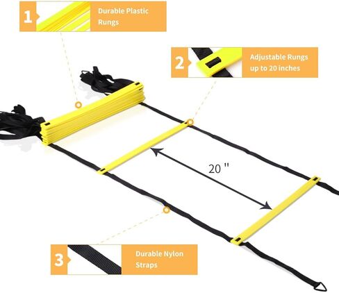 YISSVIC Agility Ladder and Cones 20 Feet 12 Adjustable Rungs Fitness Speed Training Equipment,1 Carry Bags, 10 Cones, 4 Stakes, Basketball, Soccer in Saudi Arabia