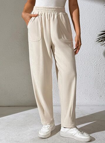 EVALESS Women's Corduroy Pants Elastic High Waist Pleated Wide Leg Trousers Fall Comfy Casual Baggy Pants with Pockets in Saudi Arabia