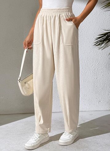 EVALESS Women's Corduroy Pants Elastic High Waist Pleated Wide Leg Trousers Fall Comfy Casual Baggy Pants with Pockets in Saudi Arabia