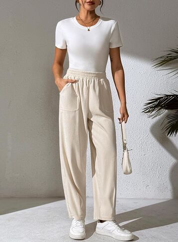EVALESS Women's Corduroy Pants Elastic High Waist Pleated Wide Leg Trousers Fall Comfy Casual Baggy Pants with Pockets in Saudi Arabia