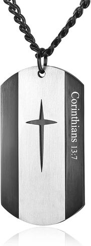 Black Silver Stainless Steel Bible Verse Cross Dog Tag Pendant Necklace for Men, 24-28 Inches Chain in Kuwait