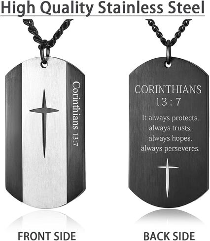Black Silver Stainless Steel Bible Verse Cross Dog Tag Pendant Necklace for Men, 24-28 Inches Chain in Kuwait