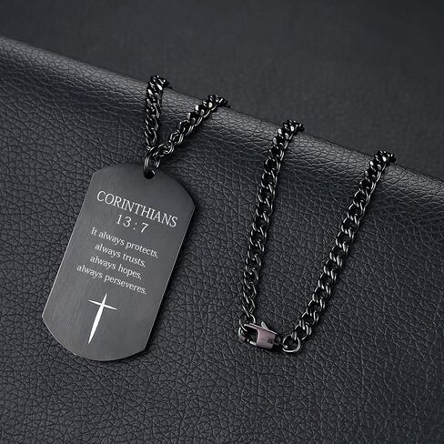 Black Silver Stainless Steel Bible Verse Cross Dog Tag Pendant Necklace for Men, 24-28 Inches Chain in Kuwait