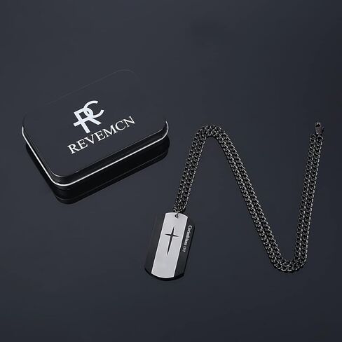 Black Silver Stainless Steel Bible Verse Cross Dog Tag Pendant Necklace for Men, 24-28 Inches Chain in Kuwait