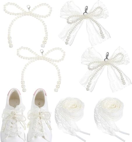 5Pcs Pearls Lace Bow Shoe Charms for Sneakers, Shoe Jewelry for Sneakers Lace Shoelaces Charms Shoes Accessories Women Girls in Saudi Arabia