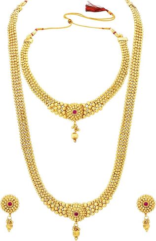 Aheli Gold Plated Maharani Haar Long Necklace Short Necklace & Drop Earrings South Indian Traditional Jewellery Set Gift for Women in Saudi Arabia