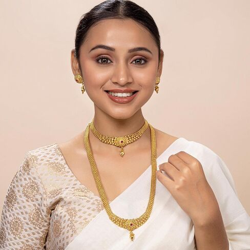 Aheli Gold Plated Maharani Haar Long Necklace Short Necklace & Drop Earrings South Indian Traditional Jewellery Set Gift for Women in Saudi Arabia