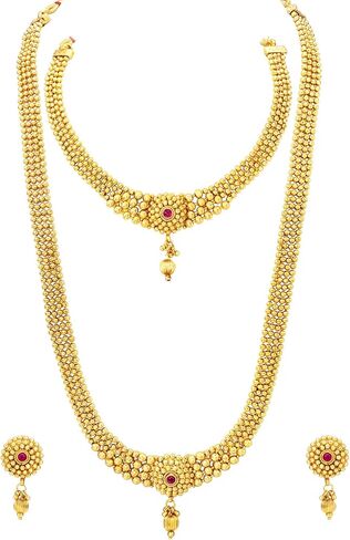 Aheli Gold Plated Maharani Haar Long Necklace Short Necklace & Drop Earrings South Indian Traditional Jewellery Set Gift for Women in Saudi Arabia