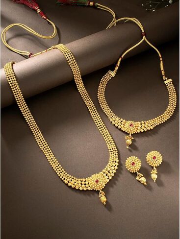 Aheli Gold Plated Maharani Haar Long Necklace Short Necklace & Drop Earrings South Indian Traditional Jewellery Set Gift for Women in Saudi Arabia