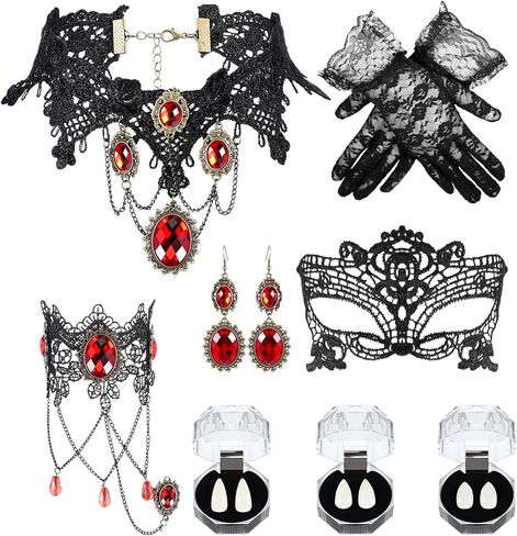 Hicarer Halloween Gothic Choker Jewelry Set for Women Red Choker Necklace Bracelet Earrings Lace Mask Gloves Teeth Victorian Vampire Jewelry Accessories for Women Steampunk Renaissance Costume in Saudi Arabia