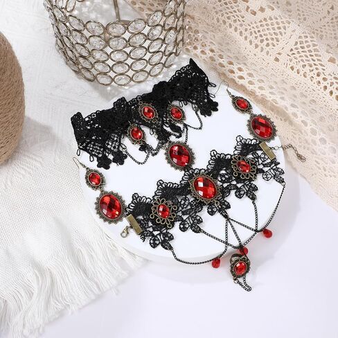 Hicarer Halloween Gothic Choker Jewelry Set for Women Red Choker Necklace Bracelet Earrings Lace Mask Gloves Teeth Victorian Vampire Jewelry Accessories for Women Steampunk Renaissance Costume in Saudi Arabia