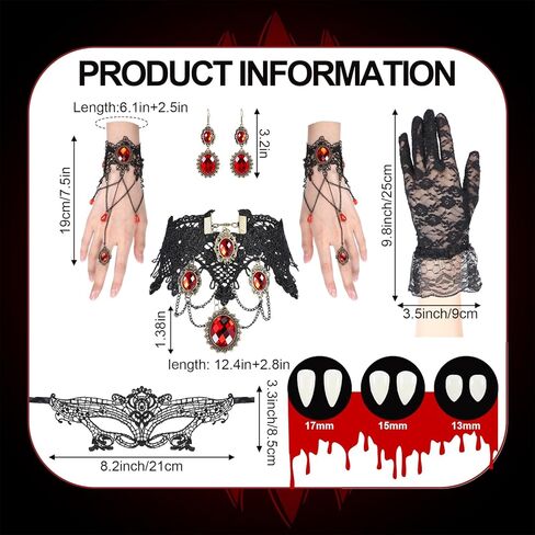 Hicarer Halloween Gothic Choker Jewelry Set for Women Red Choker Necklace Bracelet Earrings Lace Mask Gloves Teeth Victorian Vampire Jewelry Accessories for Women Steampunk Renaissance Costume in Saudi Arabia