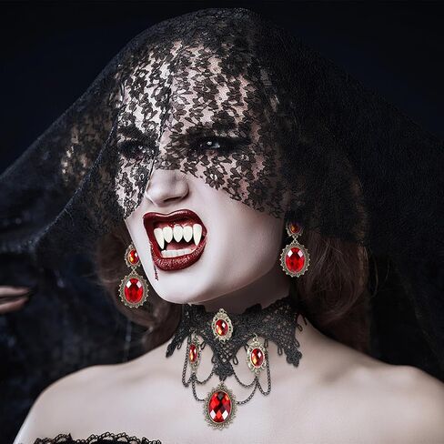 Hicarer Halloween Gothic Choker Jewelry Set for Women Red Choker Necklace Bracelet Earrings Lace Mask Gloves Teeth Victorian Vampire Jewelry Accessories for Women Steampunk Renaissance Costume in Saudi Arabia