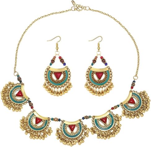 Bohemian Jhumkas Jewellery Set Vintage Oxidized Tribal Bollywood Traditional Jhumka Tassel Beaded Choker Necklace for Women Bride Ethnic Dangle Earrings Wedding Party Fashion Indian Costume Gifts in Saudi Arabia