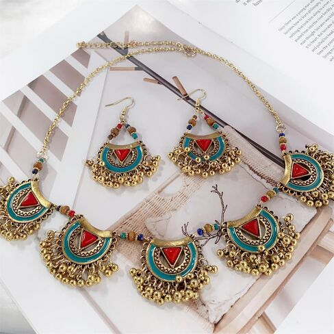 Bohemian Jhumkas Jewellery Set Vintage Oxidized Tribal Bollywood Traditional Jhumka Tassel Beaded Choker Necklace for Women Bride Ethnic Dangle Earrings Wedding Party Fashion Indian Costume Gifts in Saudi Arabia