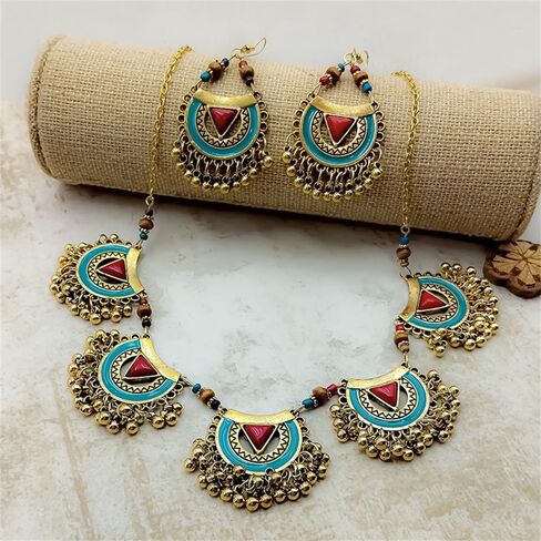 Bohemian Jhumkas Jewellery Set Vintage Oxidized Tribal Bollywood Traditional Jhumka Tassel Beaded Choker Necklace for Women Bride Ethnic Dangle Earrings Wedding Party Fashion Indian Costume Gifts in Saudi Arabia