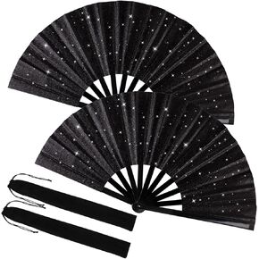 2 Pack Large Folding Hand Fans with Fan Bags, Large Clack Rave Fan Glitter Festival Hand Fan for Party, Music Festival, Club, Beach, Gift, Home Decorations(Gold) in Saudi Arabia