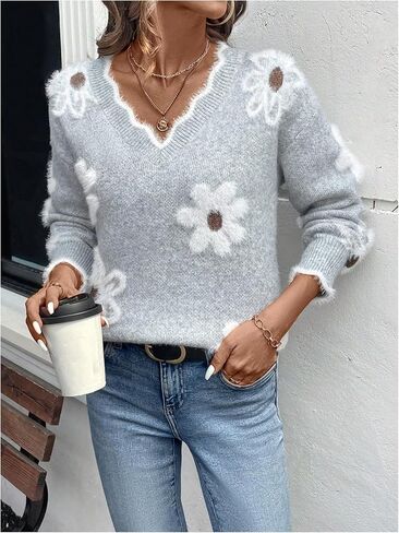 SHENHE Women's Floral Sweater V Neck Long Sleeve Drop Shoulder Knit Sweaters Pullover Tops in Saudi Arabia