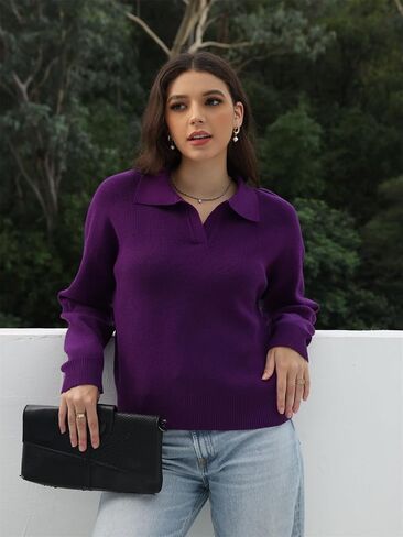 سترة بولو نسائية بياقة على شكل V وأكمام طويلة، سترات صوفية متماسكة للنساء بياقة طية صدر السترة in Kuwait