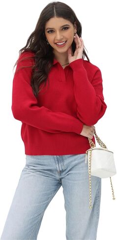 Women's Polo Sweater V Neck Long Sleeve, Pullover Knit Sweaters for Women Lapel Collar in Saudi Arabia