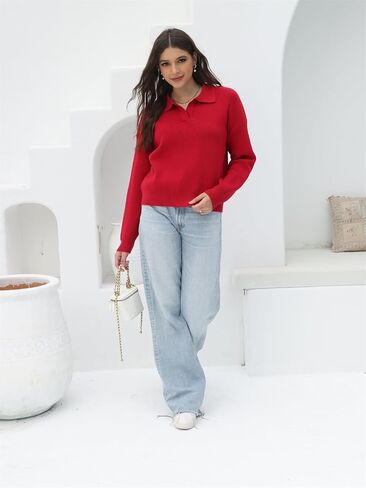 Women's Polo Sweater V Neck Long Sleeve, Pullover Knit Sweaters for Women Lapel Collar in Saudi Arabia