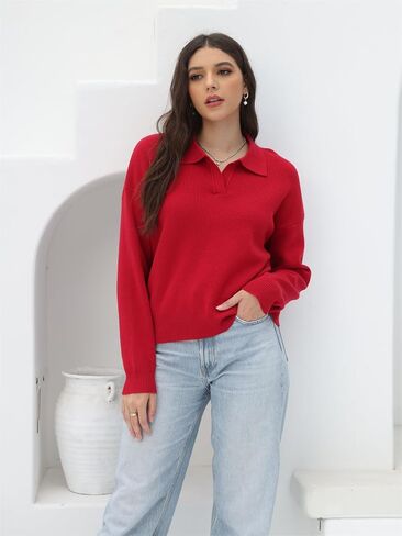 Women's Polo Sweater V Neck Long Sleeve, Pullover Knit Sweaters for Women Lapel Collar in Saudi Arabia