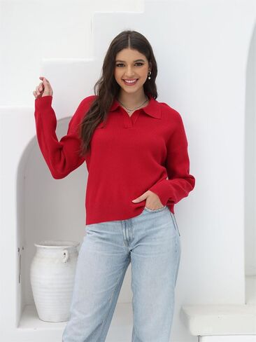 Women's Polo Sweater V Neck Long Sleeve, Pullover Knit Sweaters for Women Lapel Collar in Saudi Arabia