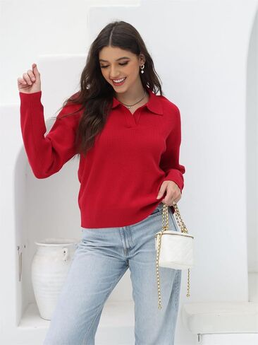 Women's Polo Sweater V Neck Long Sleeve, Pullover Knit Sweaters for Women Lapel Collar in Saudi Arabia