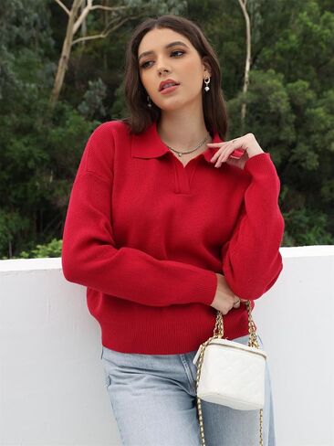 Women's Polo Sweater V Neck Long Sleeve, Pullover Knit Sweaters for Women Lapel Collar in Saudi Arabia