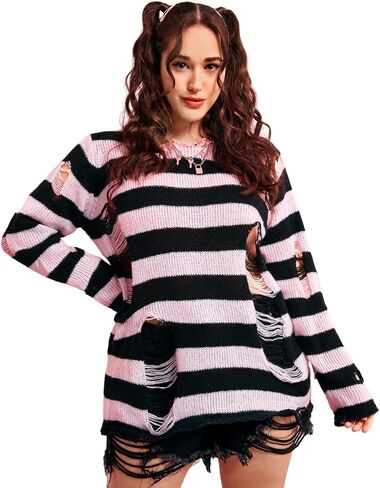 WDIRARA Women's Plus Size Striped Ripped Round Neck Long Sleeve Sweater Knit Pullovers in Saudi Arabia