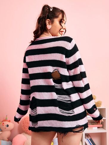 WDIRARA Women's Plus Size Striped Ripped Round Neck Long Sleeve Sweater Knit Pullovers in Saudi Arabia