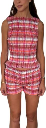 Miqil Women Y2k 2 Piece Smocked Loungwear Cute Sleeveless Tiered Ruched Tank Top Low Rise Shorts Set Fairycore Going Out Set in Saudi Arabia