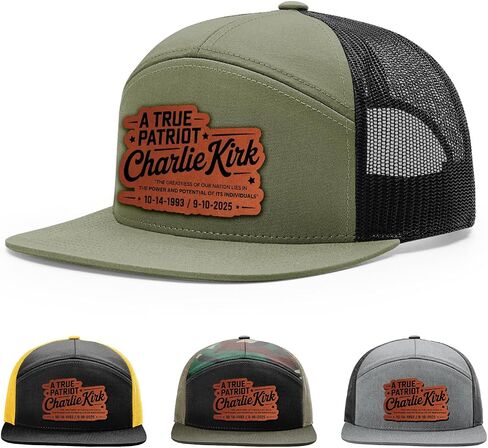 Memorial Charlie Kirk Hat, A True Patriot Hat, 168 Style Trucker Leather Patch Hat for Men & Women, 7 Panel Baseball Cap with Snapback Enclosure in Saudi Arabia