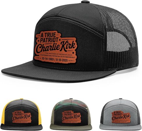 Memorial Charlie Kirk Hat, A True Patriot Hat, 168 Style Trucker Leather Patch Hat for Men & Women, 7 Panel Baseball Cap with Snapback Enclosure in Saudi Arabia