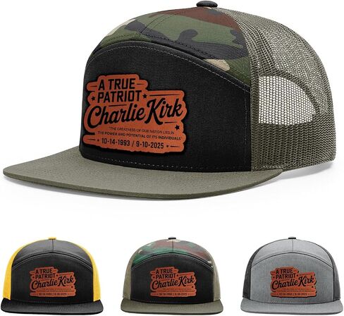 Memorial Charlie Kirk Hat, A True Patriot Hat, 168 Style Trucker Leather Patch Hat for Men & Women, 7 Panel Baseball Cap with Snapback Enclosure in Saudi Arabia