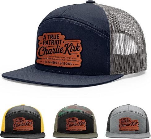 Memorial Charlie Kirk Hat, A True Patriot Hat, 168 Style Trucker Leather Patch Hat for Men & Women, 7 Panel Baseball Cap with Snapback Enclosure in Saudi Arabia