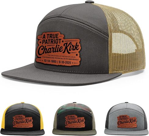 Memorial Charlie Kirk Hat, A True Patriot Hat, 168 Style Trucker Leather Patch Hat for Men & Women, 7 Panel Baseball Cap with Snapback Enclosure in Saudi Arabia