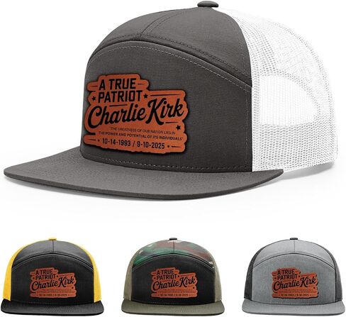 Memorial Charlie Kirk Hat, A True Patriot Hat, 168 Style Trucker Leather Patch Hat for Men & Women, 7 Panel Baseball Cap with Snapback Enclosure in Saudi Arabia