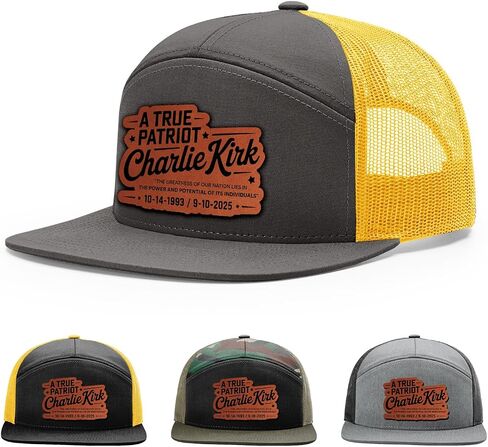 Memorial Charlie Kirk Hat, A True Patriot Hat, 168 Style Trucker Leather Patch Hat for Men & Women, 7 Panel Baseball Cap with Snapback Enclosure in Saudi Arabia