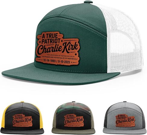 Memorial Charlie Kirk Hat, A True Patriot Hat, 168 Style Trucker Leather Patch Hat for Men & Women, 7 Panel Baseball Cap with Snapback Enclosure in Saudi Arabia