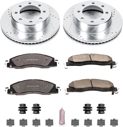 طقم فرامل أمامية Power Stop لسيارة 2009 2010 Dodge Ram 2500 2009 2010 Dodge Ram 3500 2012 1500 - وسادات فرامل سيراميك من ألياف الكربون للشاحنة والسحب واستبدال الدوارات المحفورة والمشقوقة، K5411-36 in Saudi Arabia